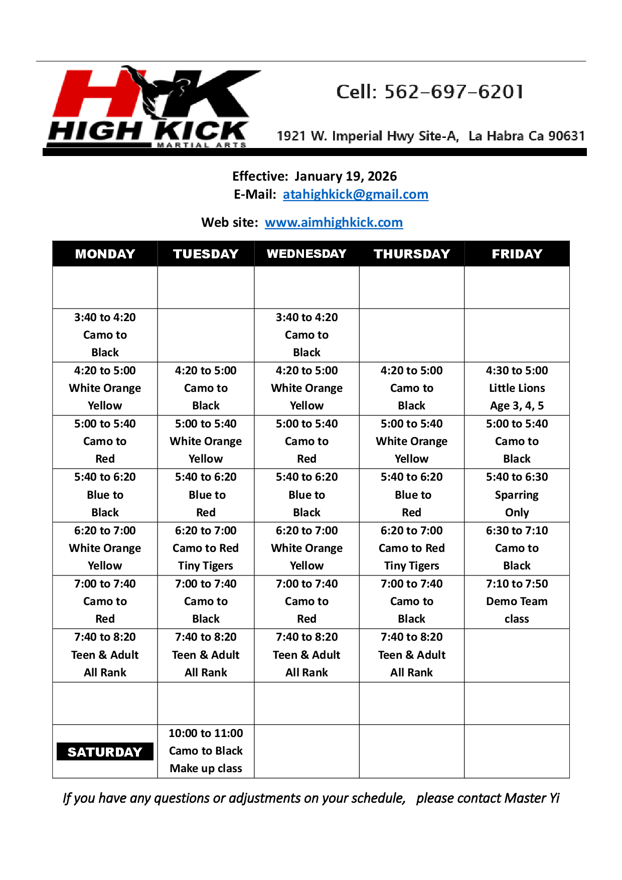 High Kick Martial Arts Class Schedule
